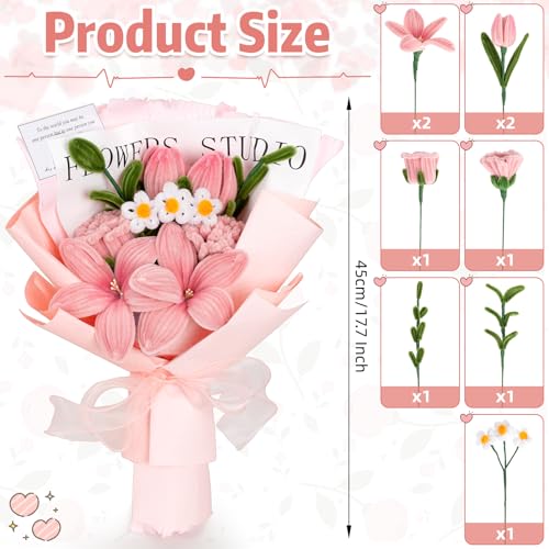 17.7inch Completed Pipe Cleaners Flowers Bouquet, Pink Handmade Pipe Cleaners Bouquet, 2 Tulip 2 Lily 2 Rose 3 Daisy 9 PCS for Valentine’s Day Mother's Day Birthday Anniversary Wedding Home Decor - color: (Pink）tulip Rose Lily