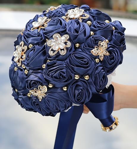Sharebeauty 8.3" Handmade Satin Rose Bridal Bouquet Toss Round Wedding Bouquet Throw Toss Artificial Flower Bunch Navy Blue - color: 809a Navy Blue, size: 8.3"/21cm