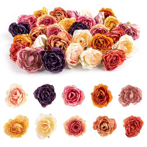 Framendino, 30 Pack Fake Roses Artificial Peony Heads Bulk Small Flowers Head Colorful Mini Peonies Silk Flower for Crafts