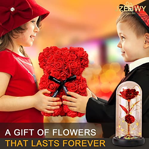 Flower Rose Bear for Mom,Perfect Birthday Romantic Gift for Wife Daughter Girlfriend Friend Her,Light up Rose in Glass Dome for Birthday Anniversary Mothers Day Valentines Day - color: Red1