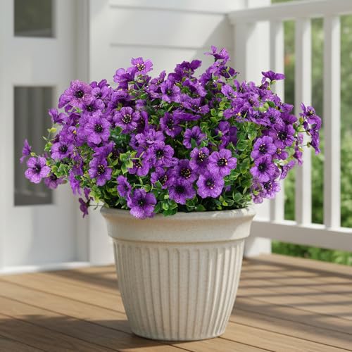 CEWOR Artificial Flowers for Outdoor Indoor, Fake Silk Daisy with Eucalyptus Leaves, Faux Flower for Garden Front Door Porch Planter Patio Home Decor (12 Bundles, Deep Purple) - color: Purple Daisy