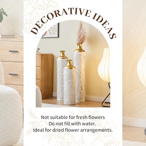 Tall Floor Vases Set of 3 for Decor Living Room Floor, White and Gold Vases Home Decor, Embossed Body Pattern, 33.07" H/29.13" H/24.4" H Geometric Cylinder (White 2) - color: White 2