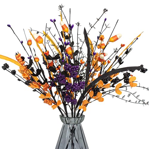 6 Pack Artificial Halloween Floral Picks Purple Orange Black Berry Stems Halloween Tree Branches with Candy for Halloween Party Flower Arrangement Centerpieces