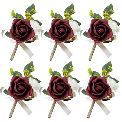6PCS Red Boutonniere for Men,Burgundy Boutonniere Pins for Groomsmen Guest, Artificial Flowers for Wedding Decor Prom Homecoming - color: Red
