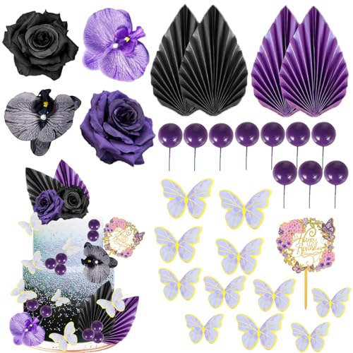 29 PCS Flower Cake Topper Palm Leaves Butterfly Ball Boho Cake Decorations Acrylic Happy Birthday Cake Toppers Cupcake Cake Topper for Wedding Birthday Party Decoration Supplies(Black Purple) - color: Black Purple