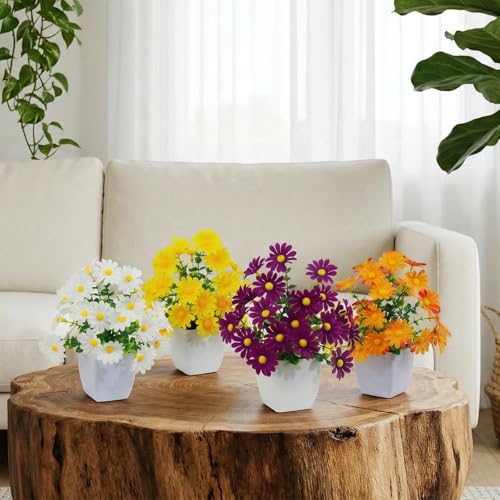 LOYWREE 4 Pack Small Artificial Mums Flowers in White Pots, Fake Mini Potted Plants, Spring Floral Decor for Home Bathroom Shelves Office Desk Table Centerpiece Indoor Decoration - color: Mums-white Pot, size: White Pot