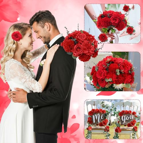 Suncalla 98 Pcs Artificial Flowers Bouquet Assorted Faux Flowers Heads with Stem Eucalyptus Leaves Silk Floral Table Centerpiece for DIY Wedding Party Wreath Home Decor(Red Color) - color: Red Color