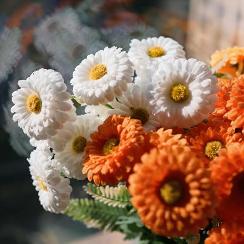 Artificial Mums, Outdoors Faux Fall Flowers Plants for Autumn Home Decor, 10 Bundles Natural Texture Daisy UV Resistant Indoor Festival Decoration for Wedding, Yard, Patio, Porch...(White) - color: White