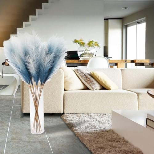 12 Pcs Blue Gradient Faux Pampas Grass Decor 38"/3.1FT Tall Fake Pompas Floral Large Artificial Pompous Grass Branches Plants for Floor Vase Filler Home Boho Decoration - color: Navy Blue Gradient