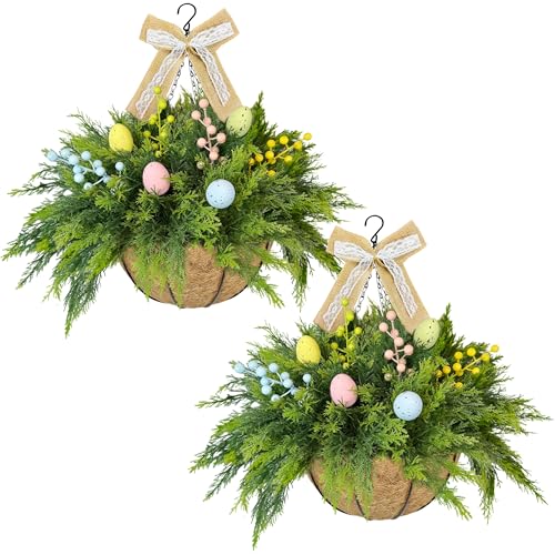 Set of 2 Easter Artificial Hanging Plant Flower Baskets, Fake Planter Hanging with 24 Pcs Cypress Leaves, Faux Ferns with Easter Eggs & Berries for Outdoor Spring Decor Porch, Garden, Patio - color: Green, Multi-colored