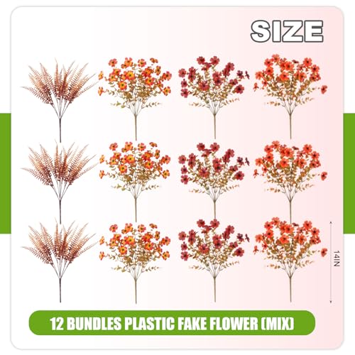 12 Bundles Fake Mums Fall Flowers Artificial for Outdoors Decoration Artificial Mums Faux Plants Daisy for Outdoor Outside Planters UV Resistant Violets for Fall Decor Home Porch Door Front Patio Yard - color: Z2-orange, Autumn Red, Sunset Blush, Fernwood