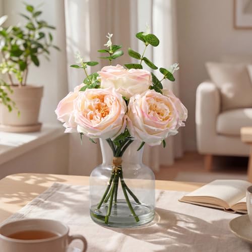 Norme Real to Touch Penoies Artificial Flowers, 6 Pcs Faux Austin Rose in Vase with Big Bloom and Fake Water Real Latex Petals for Wedding Dining Table Centerpiece Home Decor(Light Pink) - color: Light Pink