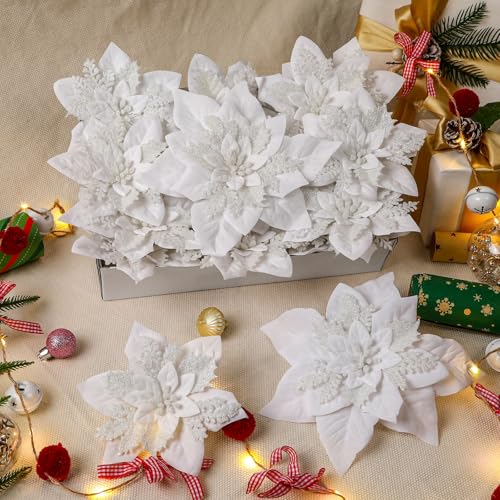 Alupssuc 24PCS 6"& 9" White Artificial Poinsettia Christmas Flowers, Faux Glitter Ornaments for Xmas Tree Wreath Garlands New Year Home Decor, White