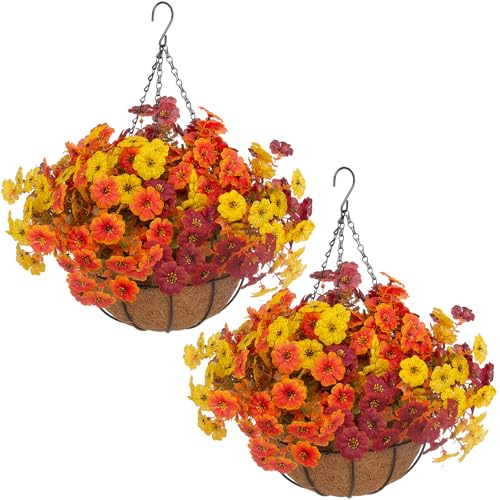 Hananona 2 Set Artificial Outdoor Fall Flowers with Hanging Basket, 2 Hanging Planters with 24 Pcs Flowers for Autumn Front Porch Garden Patio Home Decor (2, Orange,Yellow,Burgundy) - color: Orange,yellow,burgundy