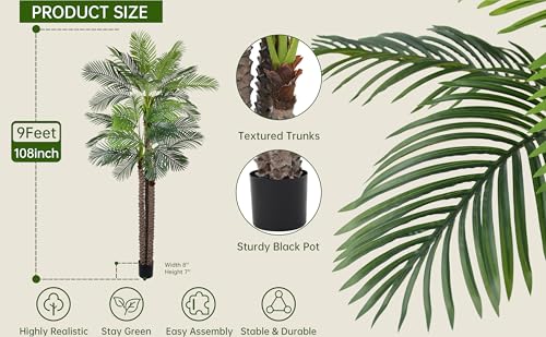 Artificial Triple Phoenix Palm Tree 9ft with 31 Leaves Realistic Tropical Coconut Areca Sago Palm Tall Large Faux Plant 106 Inch Black Pot for Indoor Home Office Porch Mall School Decor - size: 9ft