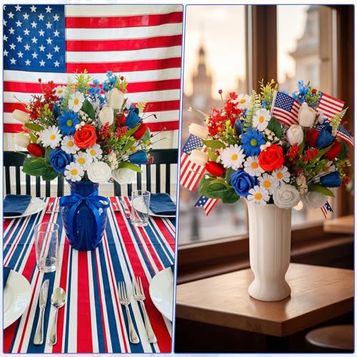 4th of July Artificial Flower Bouquet, 11 Stems Red White and Blue Faux Flowers with Roses Tulips and Baby's Breath, Patriotic Table Centerpiece for Home Vase Decor