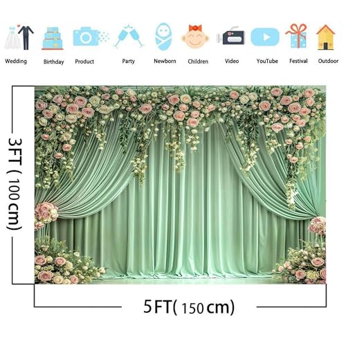 7 x 5 ft Sage Green Floral Backdrop Spring Rose Wall Background Pink Flowers Backdrops Tea Party Backdrop Floral Girls Birthday Weeding Valentine's Day Mother's Day Event Banner Photo Props - color: Green, size: 7X5FT