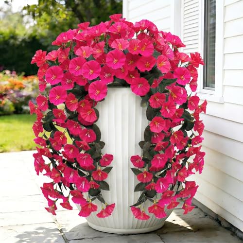 Artificial Flowers for Outdoors Fake Hot Pink Morning Glory Hanging Flower Decoration, 2Pcs Realistic Faux Plants Petunias Long Trailing Vines,Spring Decor for Porch Patio Balcony Planter Yard - color: Morning Glory - Hotpink