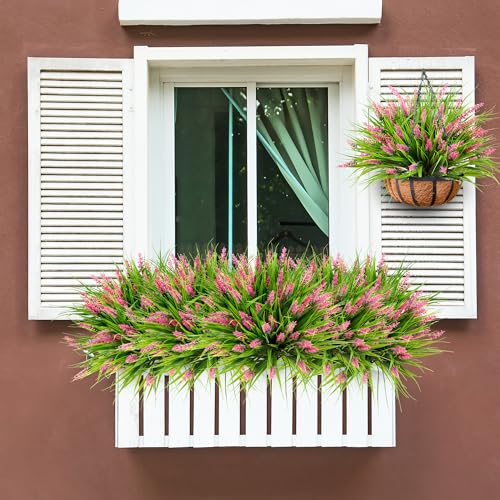 Sggvecsy 24 Bundles Artificial Plants Outdoor Faux Lavender Flowers Fake Monkey Grass UV Resistant Plastic Greenery Plants for Garden Home Porch Window Patio Hanging Planter Indoor Decor(Pink) - color: Pink, size: 24pcs