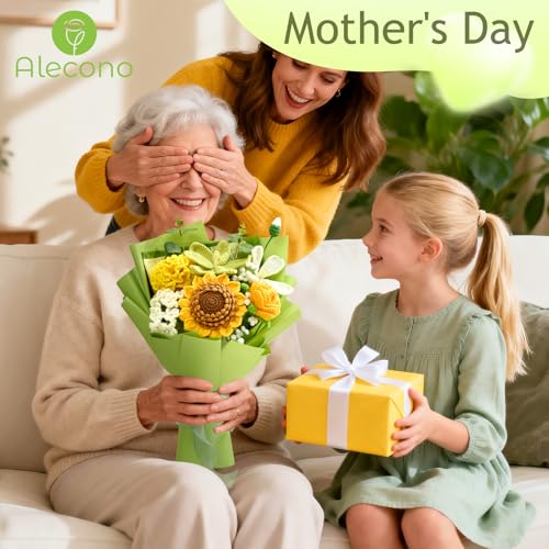 Alecono Crochet Flower Bouquet, Green Knitted Flowers, Crochet Sunflowers for Mother's Day Anniversary Birthday Graduation Lover Valentine Day Gifts (with Card) - color: Green, size: Large