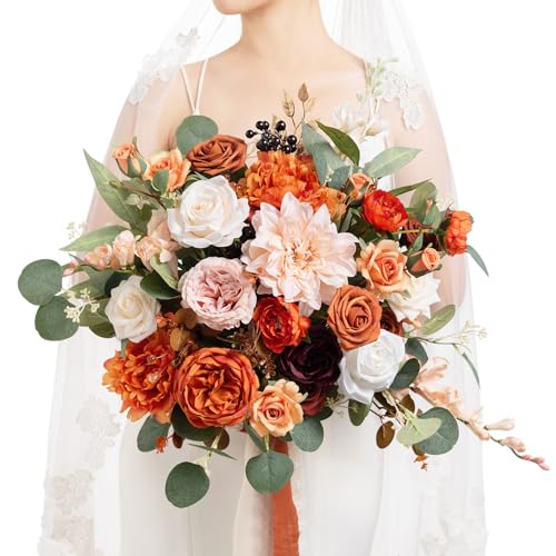 Ling's moment Terracotta Wedding Bouquets for Bride, Burnt Orange Bridal Bouquets for Bride, 15 Inch Free Form Artificial Wedding Flower Bouquet - color: Or-sunset Terracotta, size: Medium 15 Inch