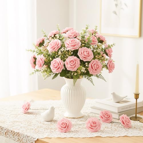 Artificial Flowers, 25pcs Blush Pink Fake Roses with Stems for DIY Wedding Decor Bridal Bouquets Party Centerpieces, Foam Artificial Roses for Home Flower Arrangement Craft Table Decoration - color: Blush Pink