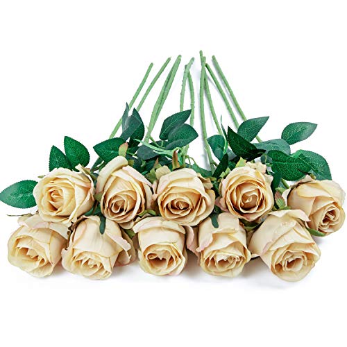 10pcs Artificial Rose Flowers Long Stem Fake Silk Roses for DIY Wedding Bouquet Table Centerpiece Home Decor,Champagne - color: Champagne