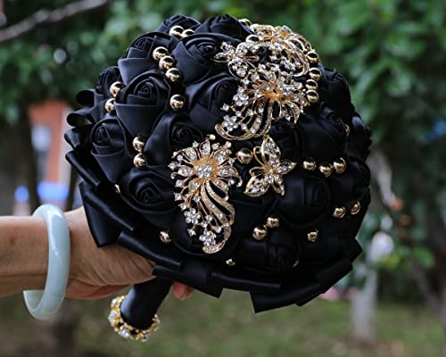 WIFELAI-A Gold Rhinestone Brooch Wedding Flowers Bridal Bouquets Crystal Bride Holding Bouquet White Ivory Satin Roses with Diamond - color: Black