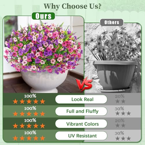 Yastouay 12 Bundles Artificial Flowers for Outdoors, UV Resistant Artificial Outdoor Flowers No Fade Fake Outdoor Flowers Plants for Garden Porch Window Box Pot Planters Decor (Mixing+Fern A) - color: Fuchsia+pink+rose Red+fern, size: 12 Bundles