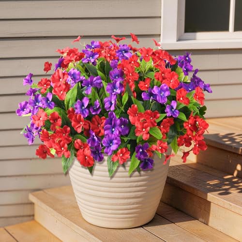 Artificial Impatiens Flowers for Outdoors, 6 Bundles Silk Fake Flowers for Spring Summer Decoration, UV Resistant Faux Plants Plastic Bouquet for Home Planter Porch Patio Yard Decor(Red Purple) - color: Red,purple