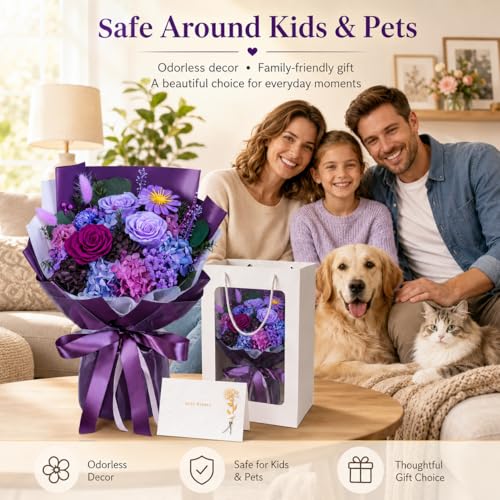 Preserved Purple Rose Bouquet, 100% Real Flowers for Women Mother Wife, Long-Lasting Eternal Roses with Gift Box, Forever Flowers for Anniversary Birthday Mother's Day, Lasts 3-5 Years - color: Deep Purple