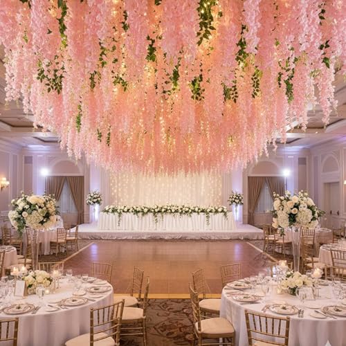 HUAHUA Artificial Wisteria Flowers, White Dense Artificial Fake Wisteria Vine Ratta Hanging Garland Silk Flowers String for Home Party Wedding Decor (24Pcs Light Pink) - color: 24pcs Light Pink