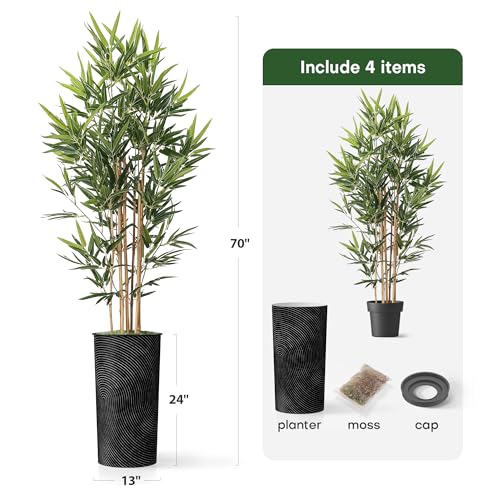 Artificial Tree in Geometric Spiral Pattern Planter, Fake Bamboo Silk Tree for Indoor and Outdoor Home Decoration - 70" Overall Tall (Plant Pot Plus Tree) - style: Bamboo