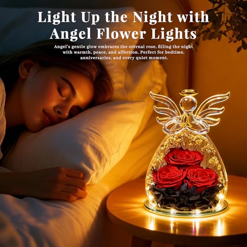 Beferr Gifts for Mom Birthday Gifts for Women, Fresh Flowers for Delivery Forever Preserved Rose in Glass Angel Figurine, Anniversary Christian Real Rose for Grandma Wife Mother from Daughter Son - color: M Arg-black & Red
