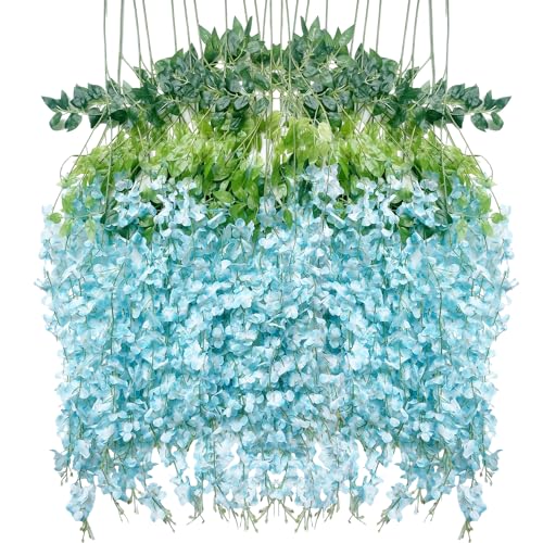 Artificial Flowers Hanging Flowers, Fake Wisteria Flower Garland Silk Vines Rattan String Decor for Home Wedding Arch Wall Garden Greenery Bedroom Outdoor Office Party Decoration (36, Blue) - color: Blue