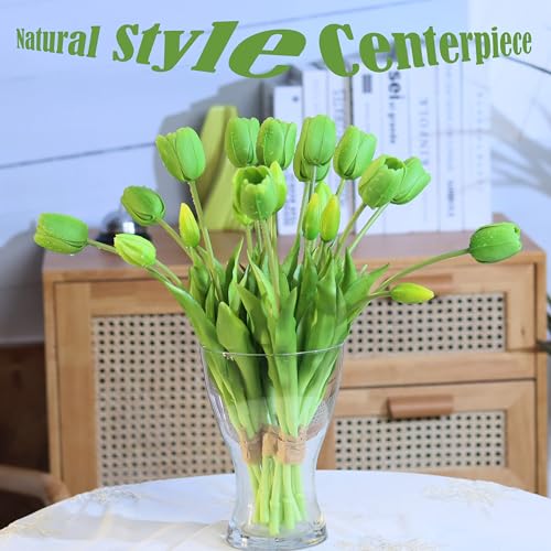 20pcs Artificial Tulip Flowers,16 Inch Real Touch Tulip Stems with Faux Leaves, Faux Tulips and Buds for Home Décor Centerpiece Ornament Wedding Bouquet,Green - color: Green