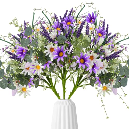 Giegxin 6 Bundles Fake Artificial Flowers Bouquet Spring Silk Flowers Arrangements Faux Wildflowers Bouquets Stems Fake Plants for Wedding Table Centerpiece Rustic Home Vase Floral Table(Daisy) - style: daisy