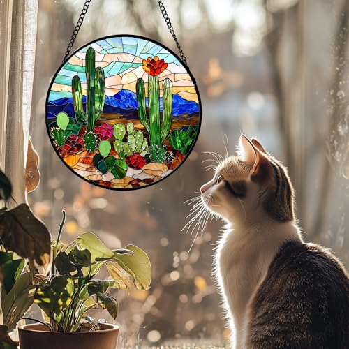 DASTOLL Stained Glass Window Hanging, Green Cactus Suncatcher for Doors Window Home Plant Landscape Sun Catchers Decoration Mother's Day Birthday Gifts for Women, Men, and Mom 9.8 in - color: Green Brown, size: 9.8x9.8 IN