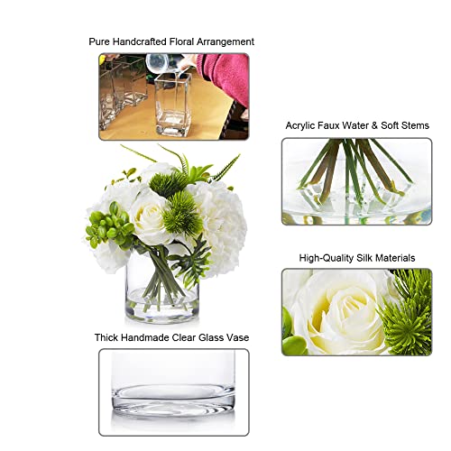 ENOVA FLORAL Artificial Rose Flowers in Vase, Mixed Fake White Rose and Silk Peonies in Vase with Faux Water for Dining Table Centerpieces, Home Decor Indoor