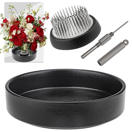 Folmywy Japanese Ikebana Vase Kit Flower Frog Flower Arrangement with 1.97 Inch Kenzan Black Ceramic Round Floral Bowl for Ikebana Teaching Aids DIY Art Supplies Table Decor - color: Black With 1.97inch Kenzan