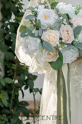 10 Inch White Bridal Bouquet,Wedding Bouquet,Bride Bouquets for Wedding Ceremony Anniversary, Party and French Rustic Vintage Wedding,Artificial Flowers - color: White&greenery