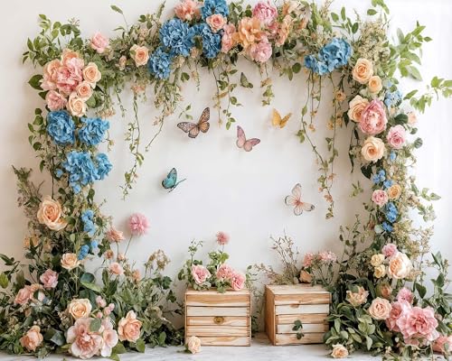5x3ft Flower Butterfly Birthday Backdrop Spring Colorful Scenic Floral Flowers Wall Photography Backdrops Butterfly Fairy Tale Wedding Decoration Kids Birthday Party Background Photoshot - color: White, size: 5X3FT