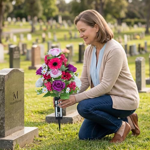 Artificial Flowers for Cemetery Grave: 2 Pcs Memorial Day Grave Decorations for Cemetery - Fake Purple Pink Roses Funeral Flowers Arrangements with Vase for Mothers Gravesite Outdoor - color: Pink & Purple