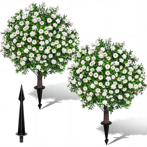 Artificial Boxwood Topiary Ball Trees Daisy Camellia Flowers with Spikes 27" Set of 2, UV Resistant Faux Mums Greenery Shrubs, Realistic Fake Bushes Plant for Outdoor Garden Front Porch Patio Decor - color: Boxwood Daisy
