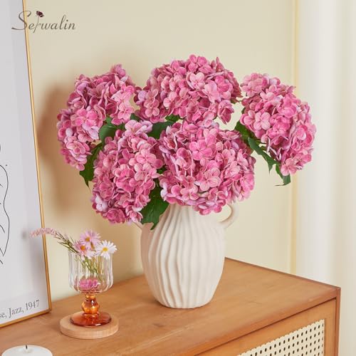 Serwalin 𝟱𝙋𝘾𝙎 Real Touch Hydrangea Artificial Flowers with Long Stems,20in Magenta Latex Large Lifelike Faux Hydrangea Flowers for Home Decor Wedding Bouquets Centerpieces - color: Magenta Pink, size: 5PCS