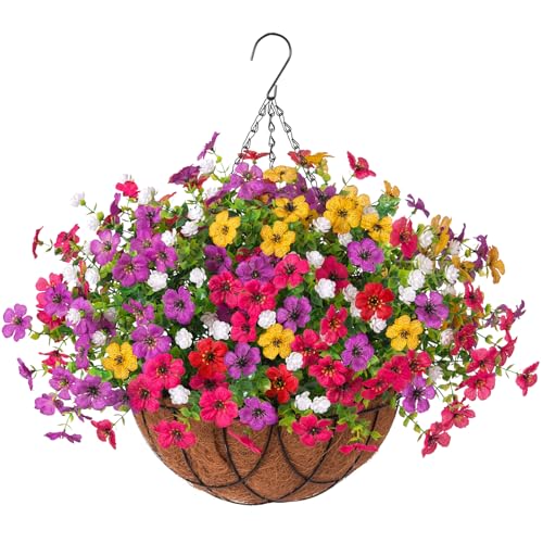 INXUGAO Artificial Silk Flowers Hanging Baskets Outdoors Indoors, Daisy with Eucalyptus Leaves Arrangement for Garden Yard Spring Summer Decor Faux Green Plant Metal Coconut Lining - color: 5multicolor
