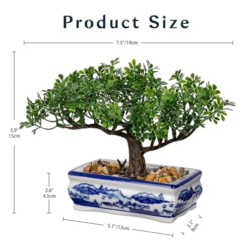 Artificial Bonsai Tree with Blue and White Porcelain Pot, Fake Bonsai for Home Office Desk Decor, Oriental Zen Tabletop Decoration, Faux Bonsai Plant for Living Room, Shelf & Gift - style: 5" BW porcelain