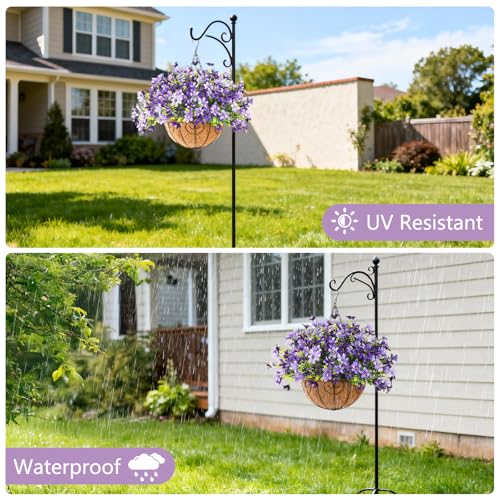 INQCMY Artificial Hanging Flowers for Outdoors, 5 Bundles UV Resistant Artificial Hanging Baskets,All Weather Fake Flowers for Patio, Porch, Yard, Window Box,Home for Spring Summer Decoration. - color: Deep Purple