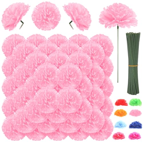 108pcs Carnation Head Flowers with Stem, Pink Artificial Flowers Carnations, 3.5" Silk Carnation Fake Flower for Funeral Arrangements Wedding Bouquets Centerpieces Cemetery Wreaths Grad Party Decor - color: Pink