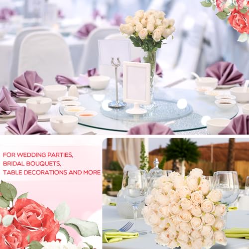 Jexine 50 Pcs Artificial Rose Flower Bulk Realistic Silk Fake Roses with Long Stem Plastic Artificial Flower Bouquet Real Looking for Home Wedding Centerpieces Party Decoration(Beige Champagne) - color: Beige Champagne